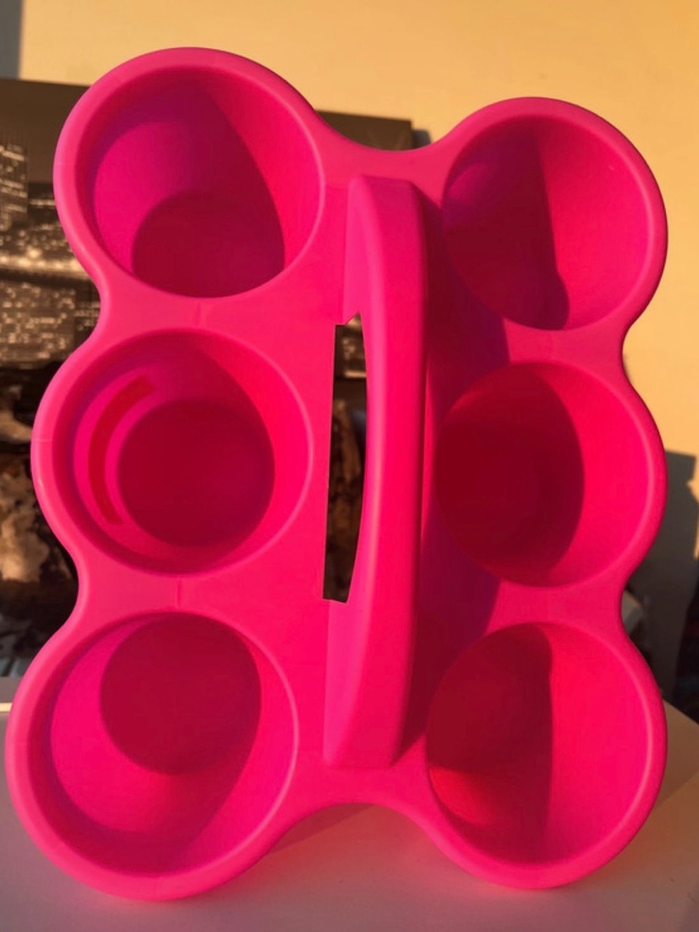 Bright Pink Silicone 6-Cup Drink Carrier with Center Handle
